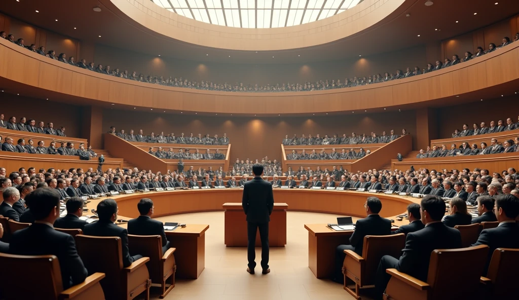 A young Asian man in a suit is speaking to politicians from various countries sitting in a huge circular lecture hall.，Politicians from all over the world are looking at men，No flags appear