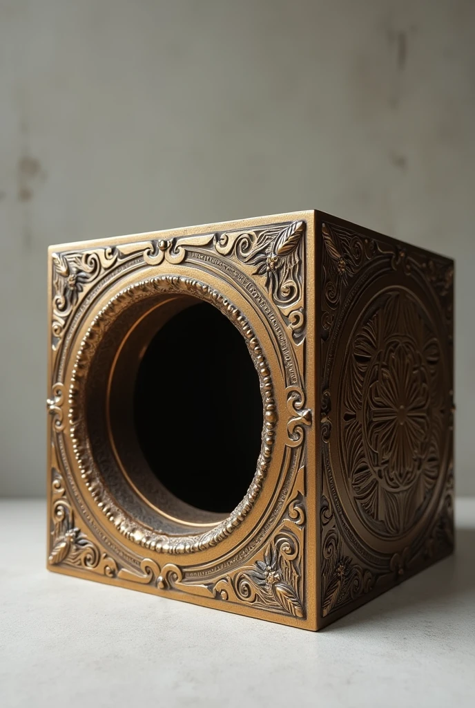 An ornate three-dimensional bronze cube with a deep hole in one of its faces