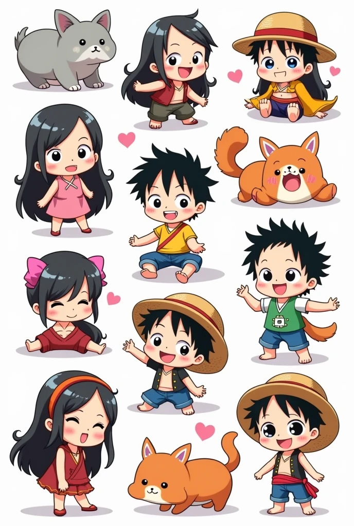 Chibi Versions One piece Characters: Design cute, chibi-style versions of popular anime characters. They are usually small, with big heads and expressive faces, making them perfect for stickers.