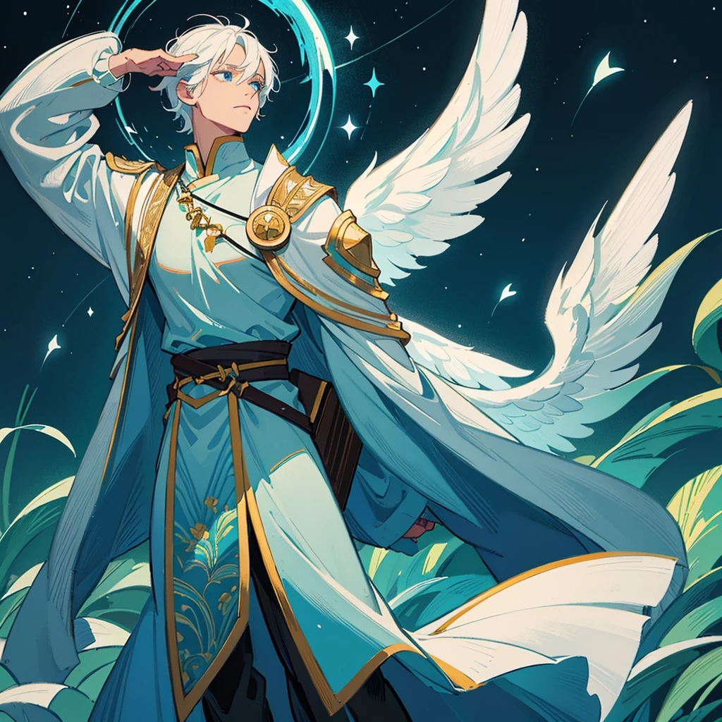 Male deity with black skin and white hair, medium hair, short bangs. Bright sky blue eyes. Green branches with elongated leaves. Dark blue tunic with green sparkles resembling a starry night sky, waist belt with bag. a large pair of wings. mystical atmosphere, delicate brushwork, magical scenery, Peaceful and serene. detailed clothing. nature background (best qualityer, high resolution, ultra detali).