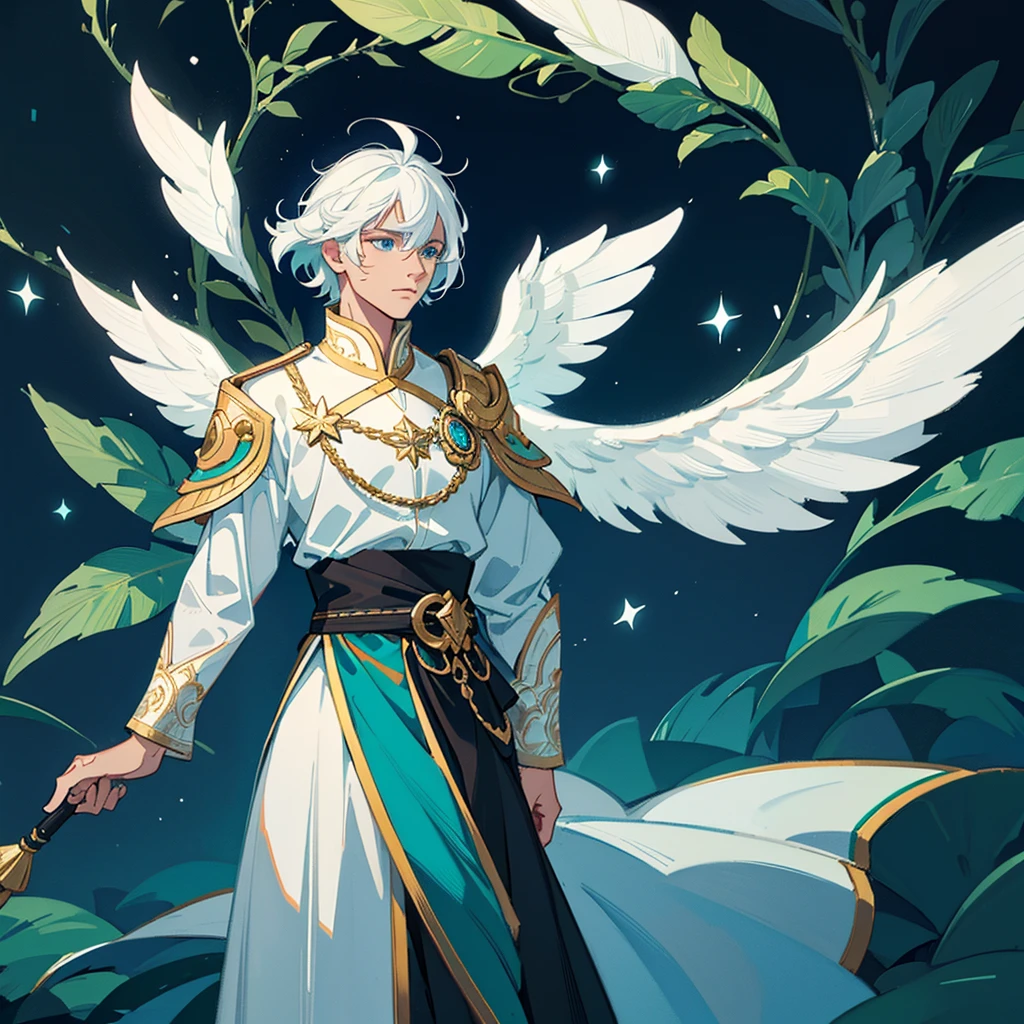 Male deity with black skin and white hair, medium hair, short bangs. Bright sky blue eyes. Green branches with elongated leaves. Dark blue tunic with green sparkles resembling a starry night sky, waist belt with bag. a large pair of wings. mystical atmosphere, delicate brushwork, magical scenery, Peaceful and serene. detailed clothing. nature background (best qualityer, high resolution, ultra detali).