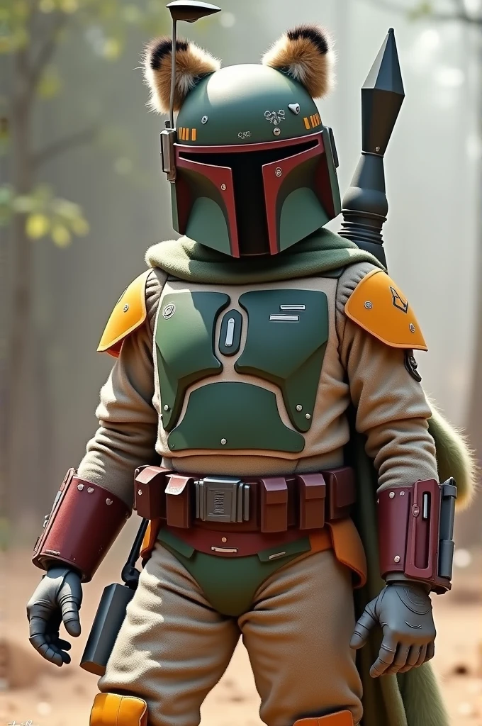 I want an image of Boba Fett with furry features, ears on helmet, fluffy, full-bodied tail 
