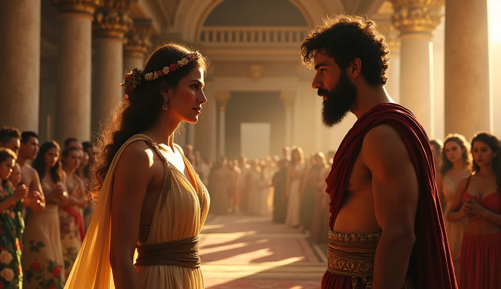 a greek beautiful goddess talking and bribing to a young greek Shepherd with beard with a little masculine body standing in a wedding background where a few renaissance , cinematic