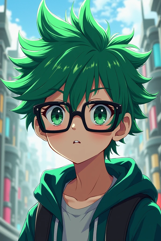 Green hair, mashed hair, male, black-rimmed glasses, anime