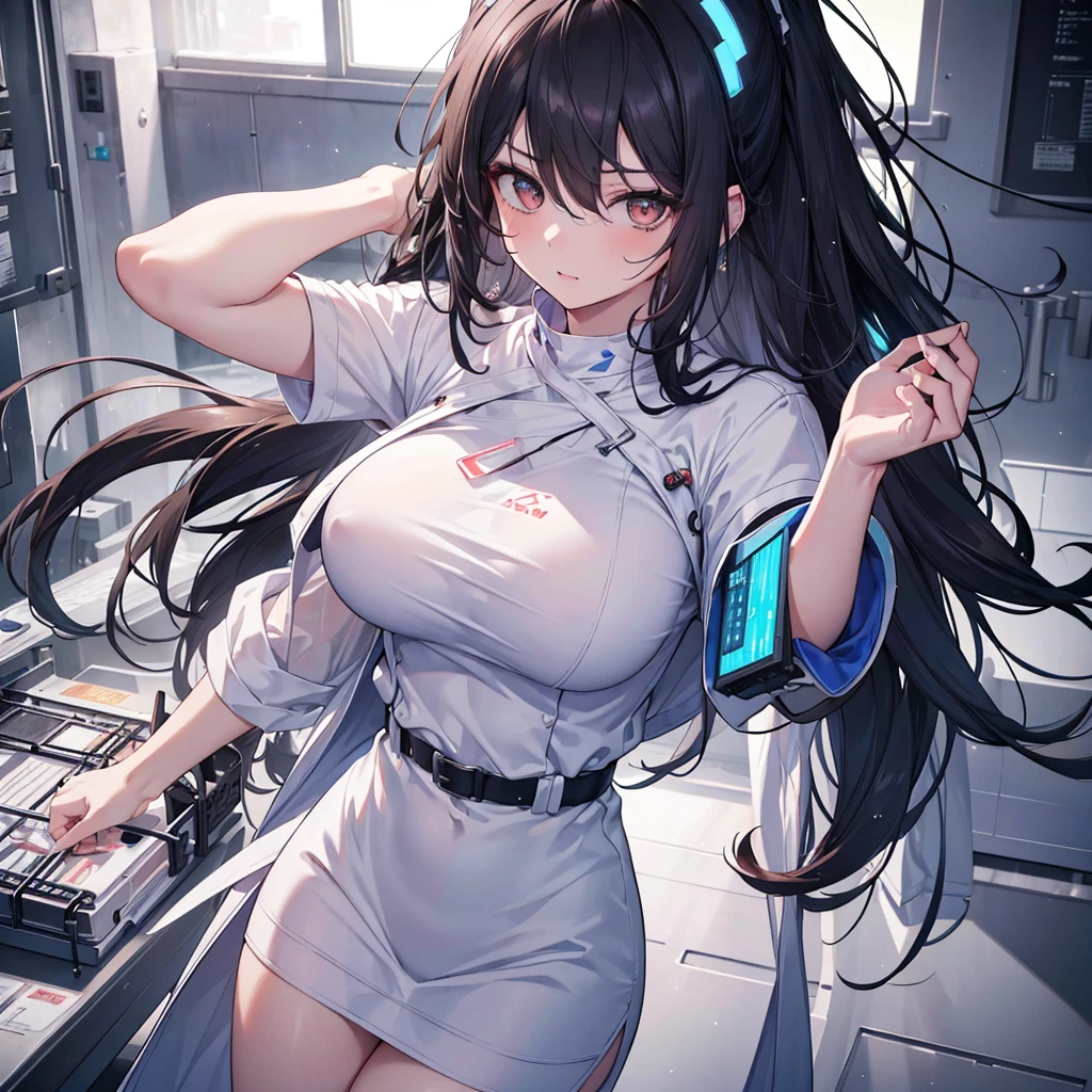 White or pale blue scrub clothing, a nurse aide with long dark hair, piercing gaze, and a stern expression, full body view, high resolution, detailed, anime-style illustration, beautiful black hair, almond-shaped eyes, brown eyes, looking down with an intense, psychotic demeanor, large breasts, no piercings, (best quality,4k,8k,highres,masterpiece:1.2),ultra-detailed,(realistic,photorealistic,photo-realistic:1.37), Background White, cute fang,