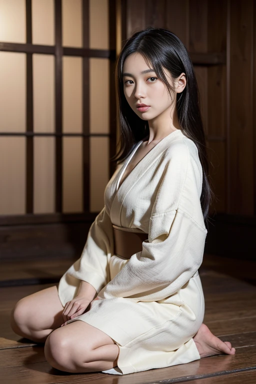 Sit on ground jail, Full-body, in underground jail ,  Front view , the Edo period, a Japaneses ancient girl, looking at viewer, erotic Japanese girl is 20 years old,   (Black hair ,long hair, Hime cut, Brown eye, little Lips, serious),((wooden cross neck-less )), (big breasts, wide hip), (obi)  (((Surrealism, Verism, UHD, retina, masterpiece, anatomically correct, accurate, textured skin, super detail, high details, high quality, best quality, highres, 8k))
