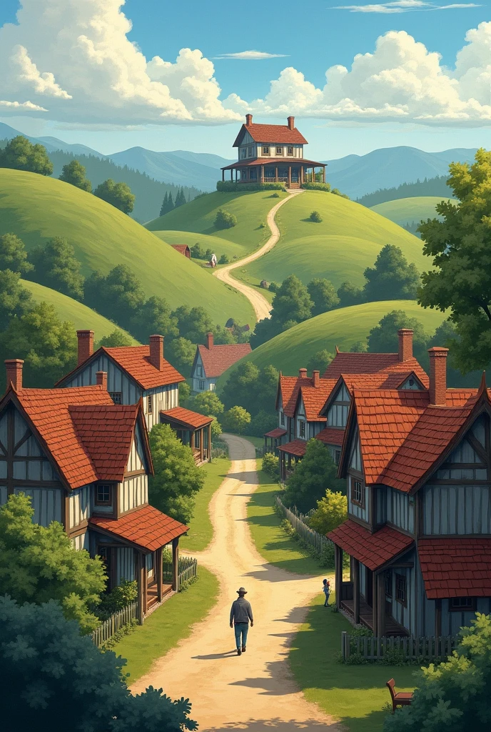 A small rural town and in the distance an old two-story house