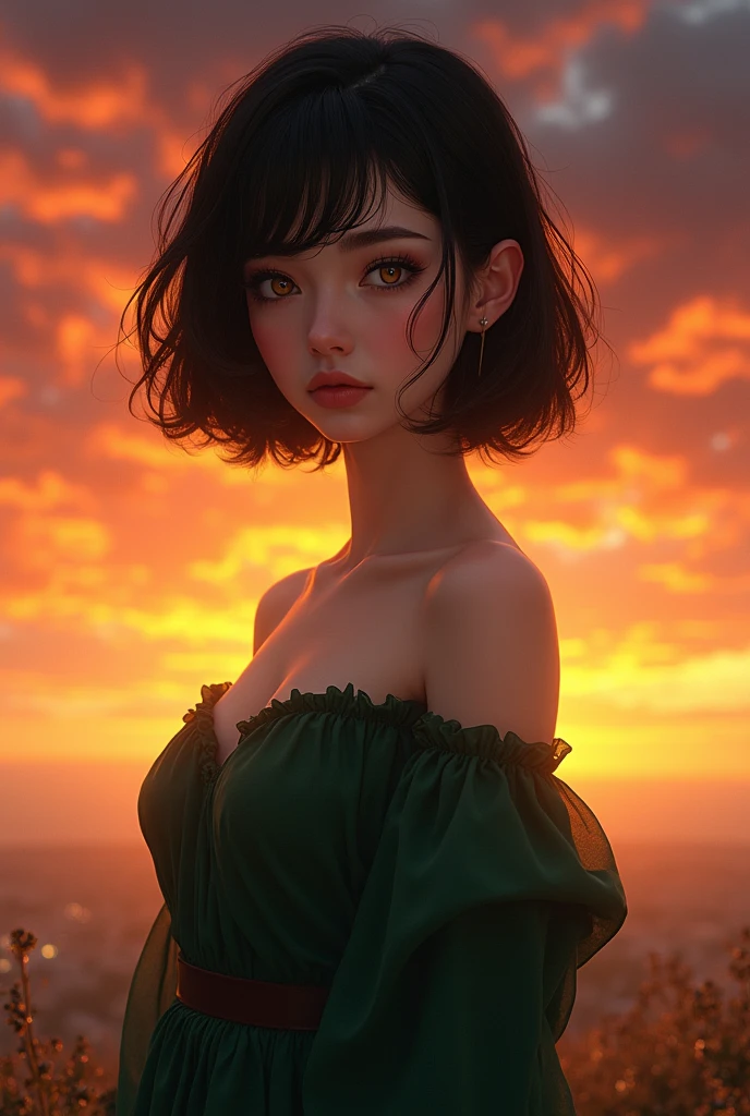Breathtaking sunset background, female ,short black hair ,brown eyes ,dark green dress
