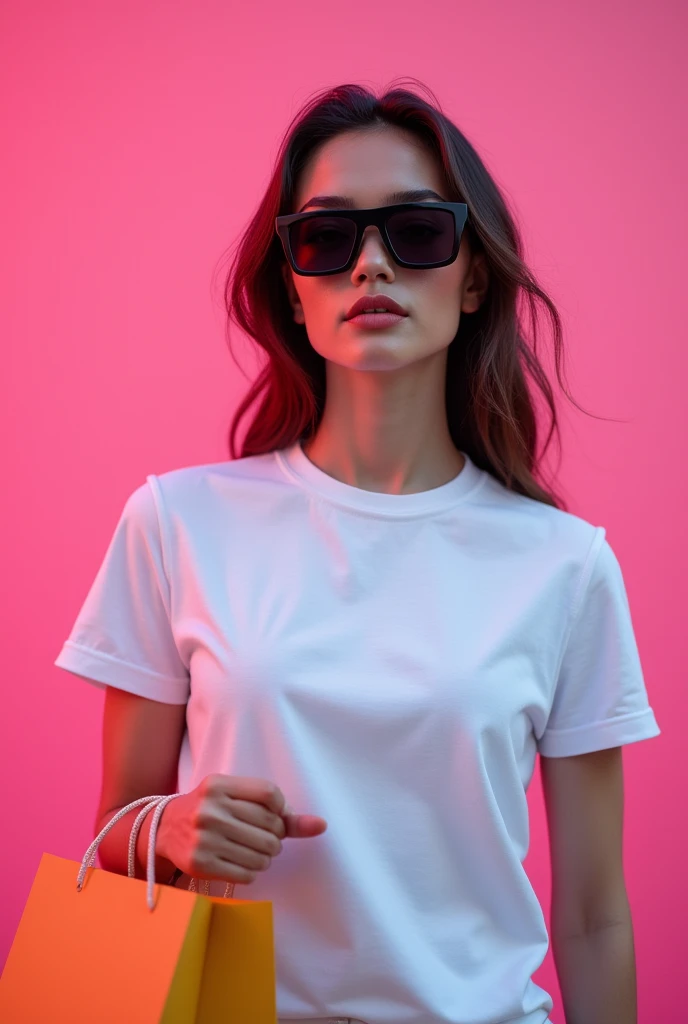 Same girl with the pink background and the t -shirt colour is pure white and medium size t shirt and the girl wear a black colour googles and a shopping bag in her hand .