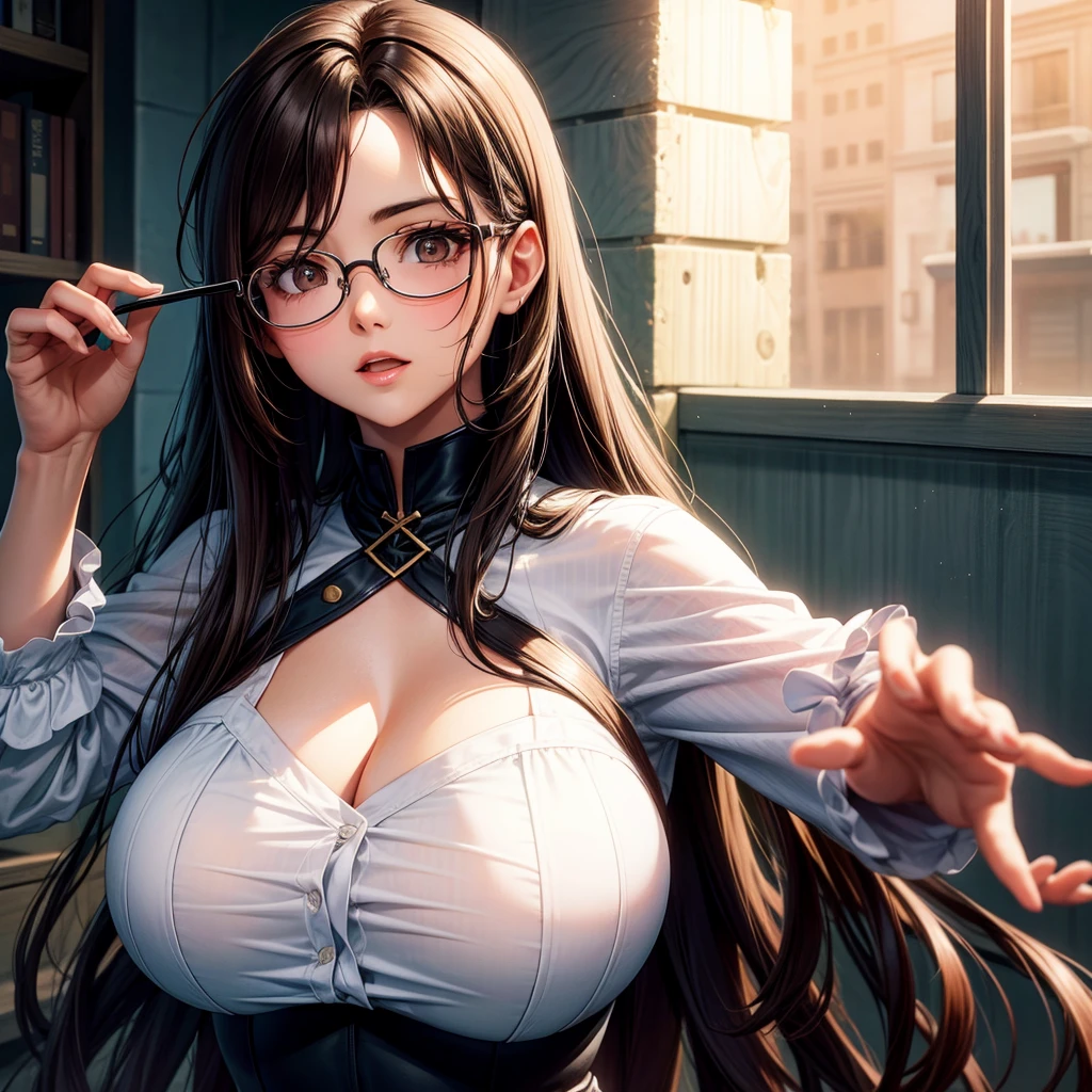 long dark hair / big tits / brown eyes / glasses