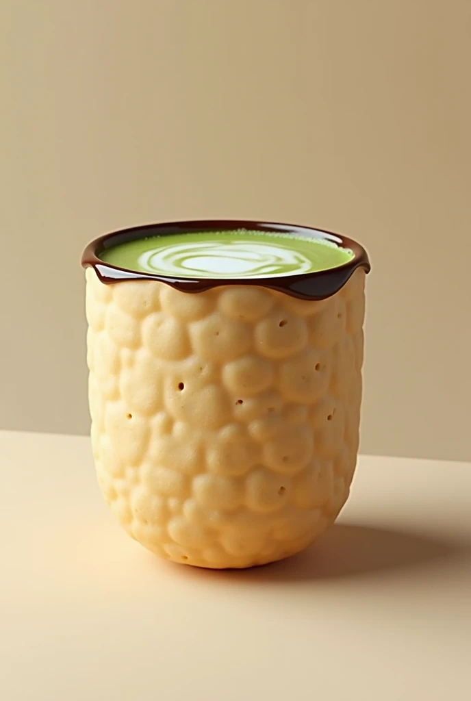 (photorealism:1.2), cookie cup without handle. cup has coffee and matcha foam, The cup is of vainilla cookie and has chocolate around the mouth of the cup. The chocolate must be melted just in the contour of the mouth of the cup. The foam muste be green like the matcha. The cup not has a handle.
remove the cup handle. the cup has shape pf cilinder an do not have a handle.