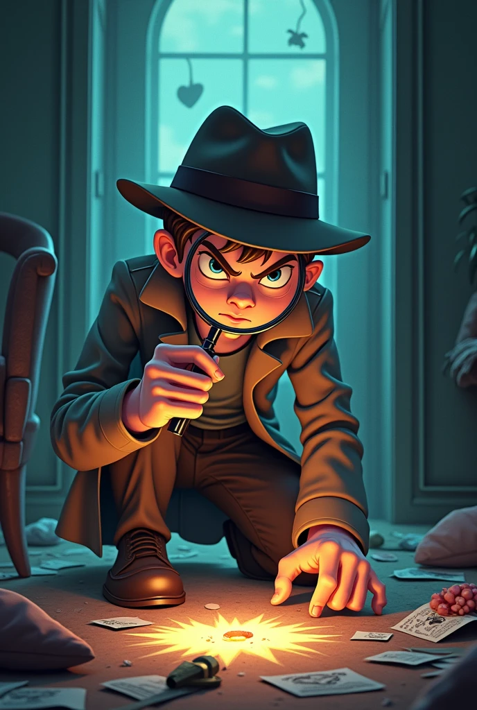 Picture of a clever and hidden detective human young man of 28 years of age cartoon at a crime scene where the room is become a mess and everything is fallen around and he is using his magnifying glass to search for clues and suddenly he see something mysterious in the magnifying glass