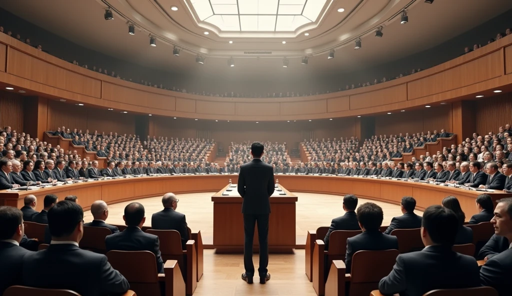 A young Asian man in a suit is speaking to politicians from various countries sitting in a huge circular lecture hall.，Politicians from all over the world are looking at men，No flags appear
