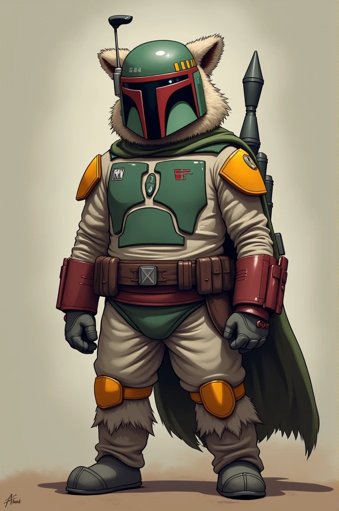 I want an image of Boba Fett with furry features, ears on helmet, fluffy, full-bodied tail