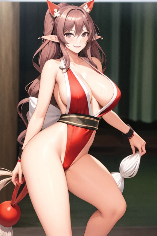 masterpiece, best quality, beautiful art, high resolution, well formed hands, body and fingers, 1 woman, solo, Rinna Mayfield, elf ears, red makeup, red lipstick,adult, grown up, cosplaying as Mai Shiranui , mai_shiranui_cosplay, adult, large and big breasted, cleavage, full body , hair ribbon, gorgeous legs and, thighs, sexy Japanese clothes, hair ornament , sexy and bare legs , hips and thighs, panties peek, dancing seductively and erotically, turning backwards and forwards, showing her back and front, shaking her body alluringly, red t back thong, smiling joyfully, sweating ,looking at the viewer, bouncing breasts, sweating, flirting, biting her lips, beach environment