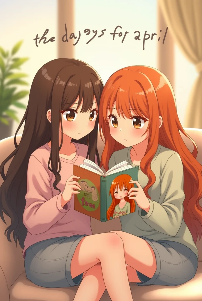 Two anime style softy friends looking at each other one of the girls has long brown hair and the other girl has long orange hair, They are reading a book with a cover of an orange-haired girl. Above the girls is the phrase the days of April 