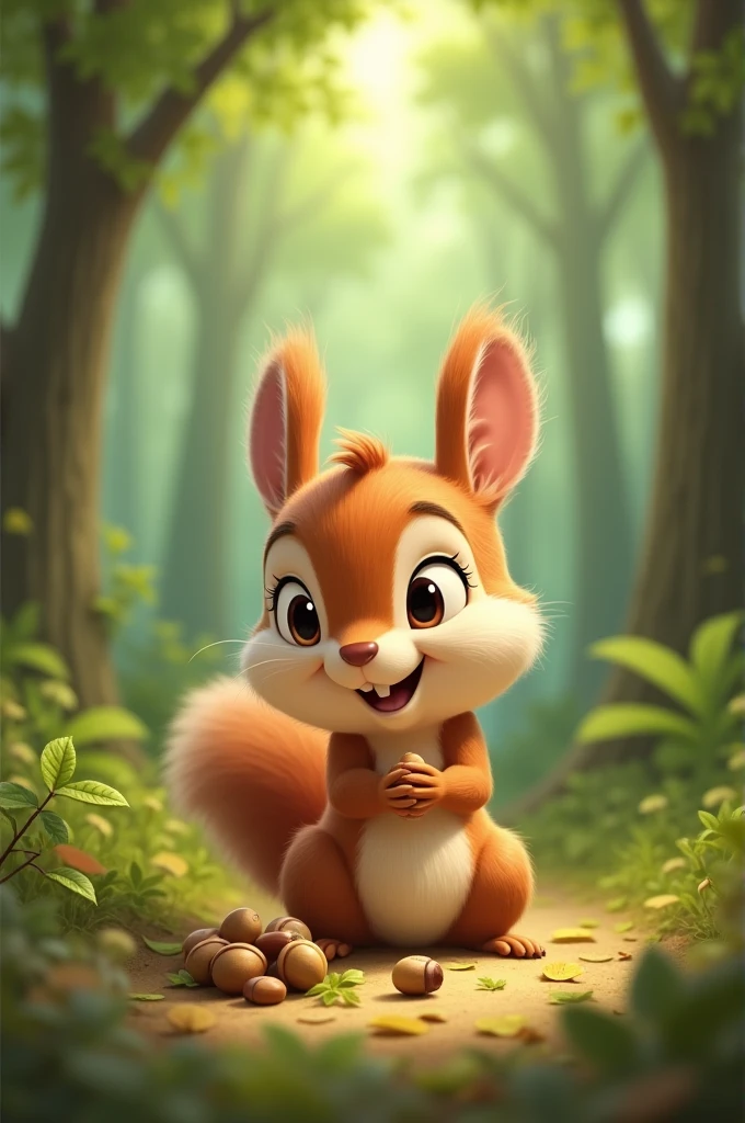 Squeaky the Squirrel Gathering Nuts: "A cheerful little squirrel named Squeaky is in a peaceful forest, busily gathering nuts. The forest is lush with green trees, and the ground is covered in fallen leaves. Squeaky has a small pile of nuts beside him, and he is holding one in his paws, with a content expression on his face."