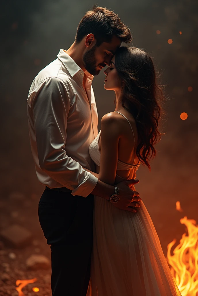A handsome man in shirt grabbing an elegant beautiful woman from back, the background is mysterious with fire flickers around them.