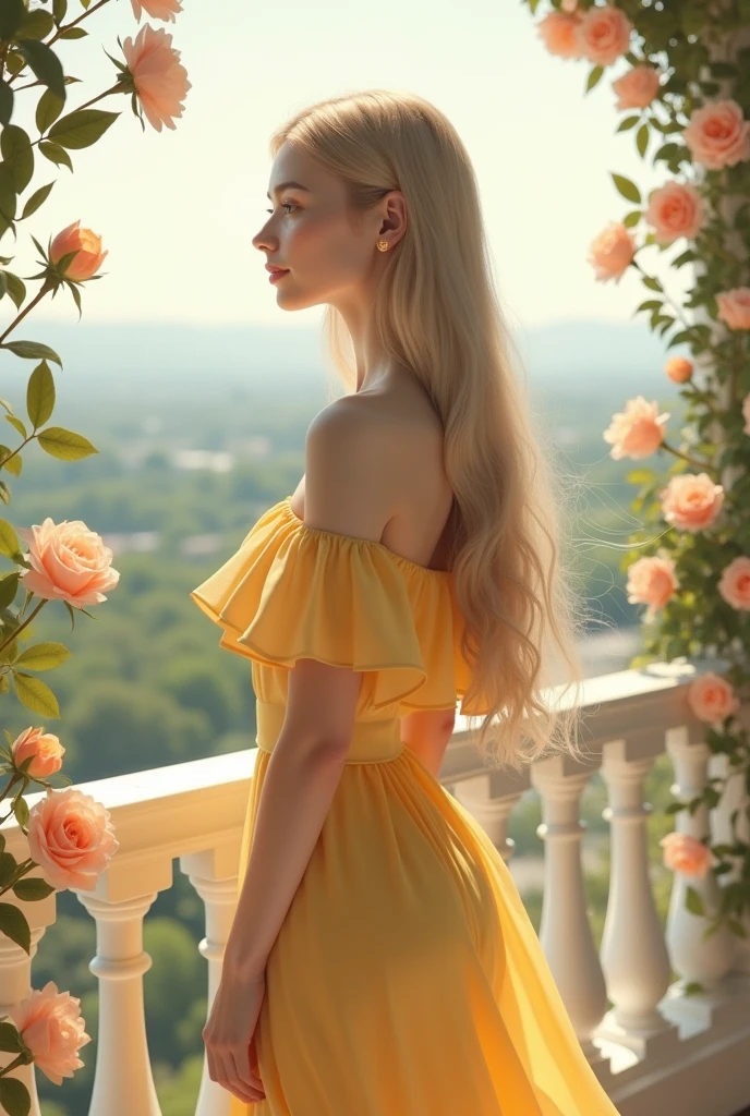 A beautiful twenty-year-old girl with a fair complexion and straight, long blond hair stands on the balcony. She is dressed in a light yellow off-shoulder dress that softly drapes over her figure. The balcony's white railings, adorned with peach-colored roses, frame her as she gazes thoughtfully into the distance, waiting for someone. The delicate dress and the surrounding floral accents create a picture of serene elegance.