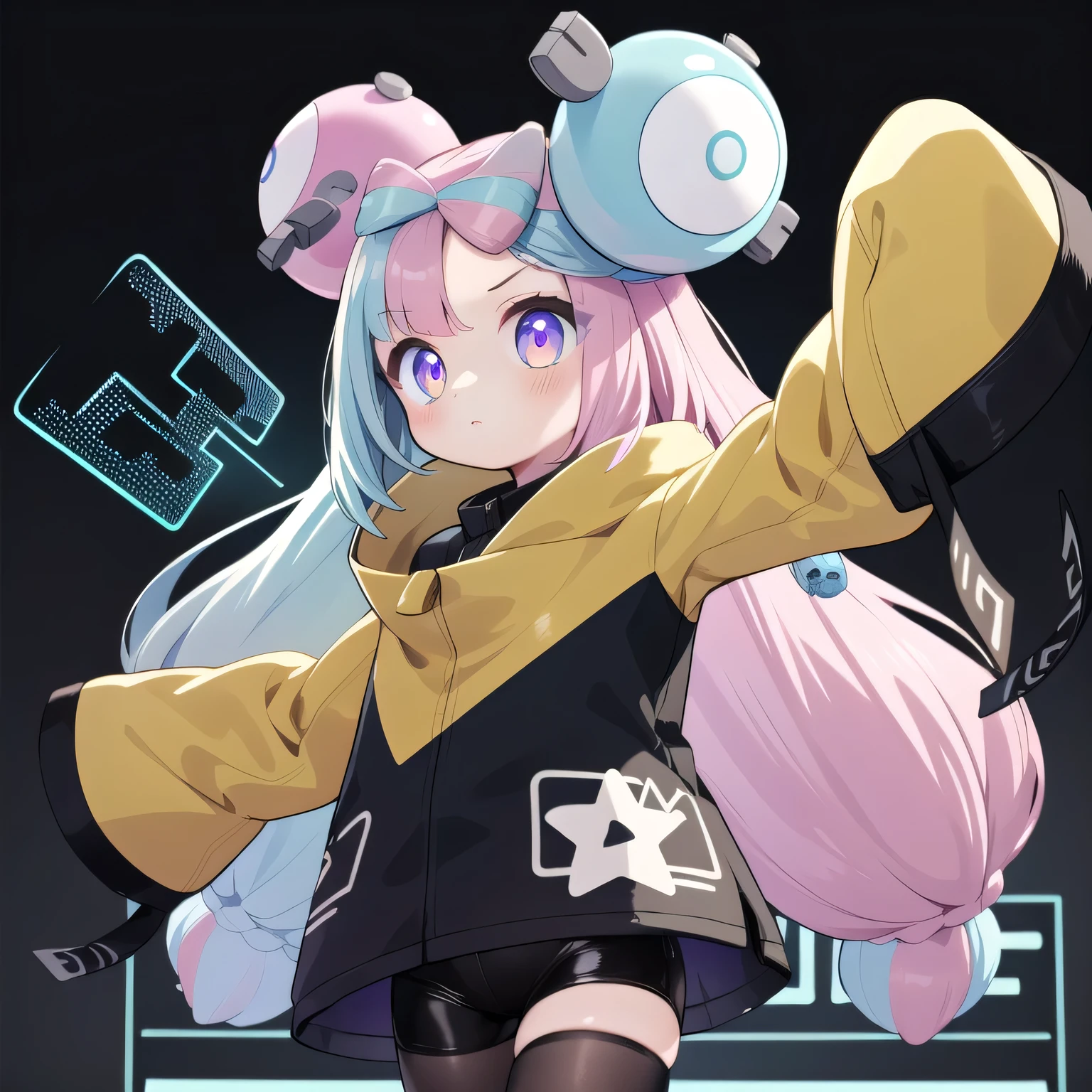 DiscoTech , uv blacklights,sequined,scifi, iono1, long hair, jacket, long sleeves, hair ornament, have a board