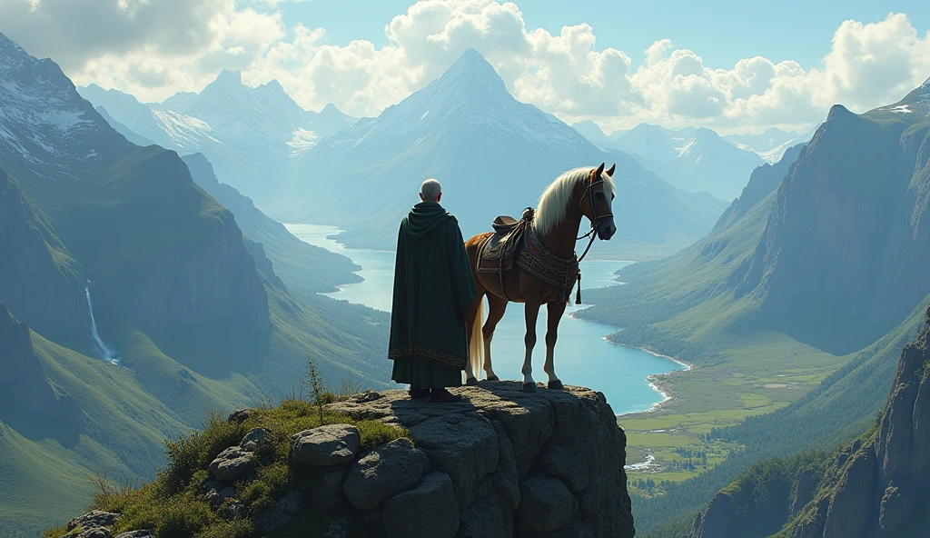 Mountain Summit**: The sage and घोड़ा
standing triumphantly on the mountain summit, looking out over a vast, breathtaking landscape of valleys and distant peaks.