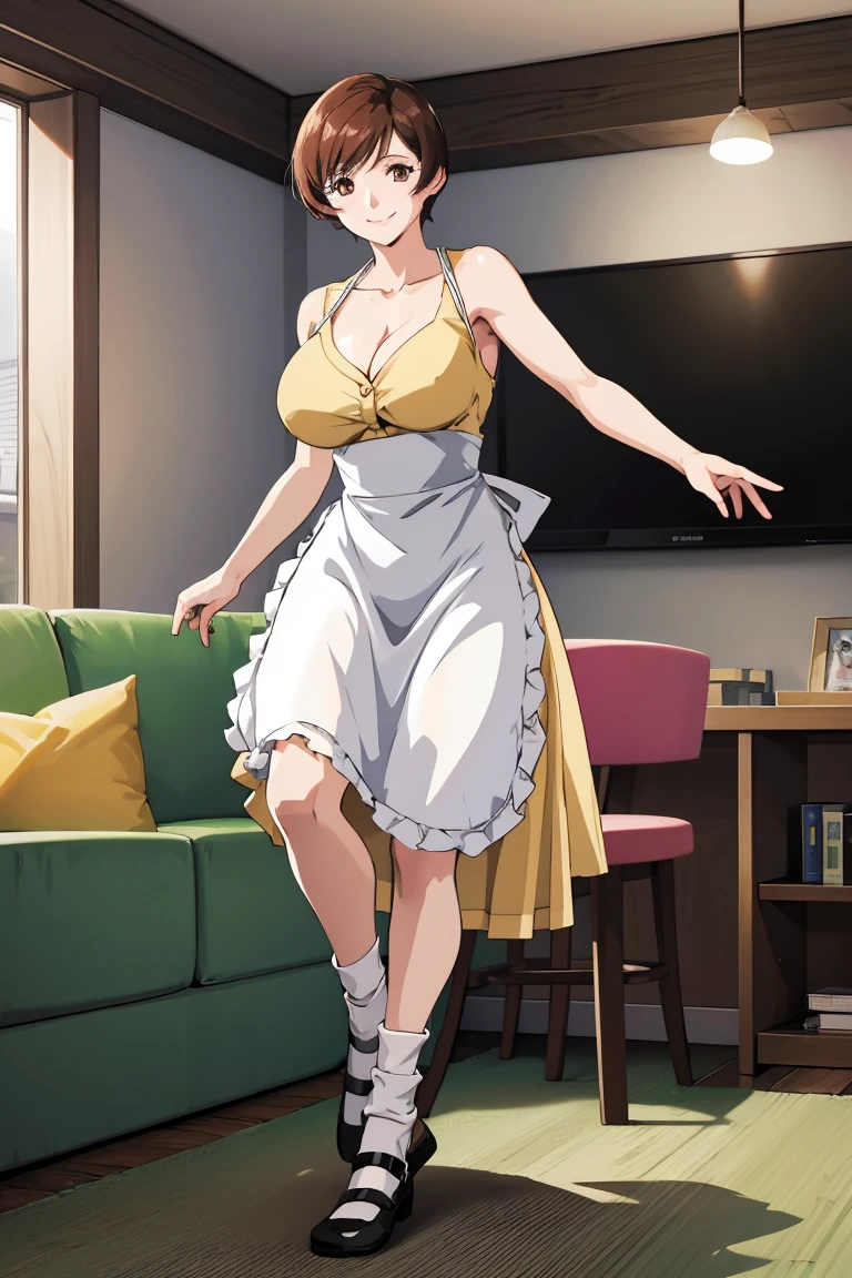 backview high level image quality、high quality、masterpiece、4k,8k,Etsukoto, yellow dress, sleeveless dress, apron, white socks, Mary Janes,giant breasts,happy smile,Living room