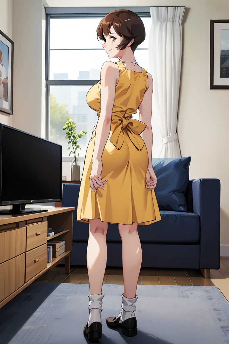 backview high level image quality、high quality、masterpiece、4k,8k,Etsukoto, yellow dress, sleeveless dress, apron, white socks, Mary Janes,giant breasts,happy smile,Living room