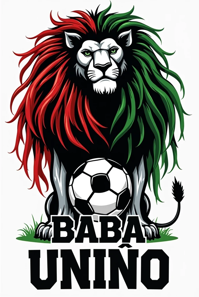 create a logo of a black and white lion with large Bob Marley dreadlocks in red and green colors standing holding a football and the name BABA UNIÃO written very large