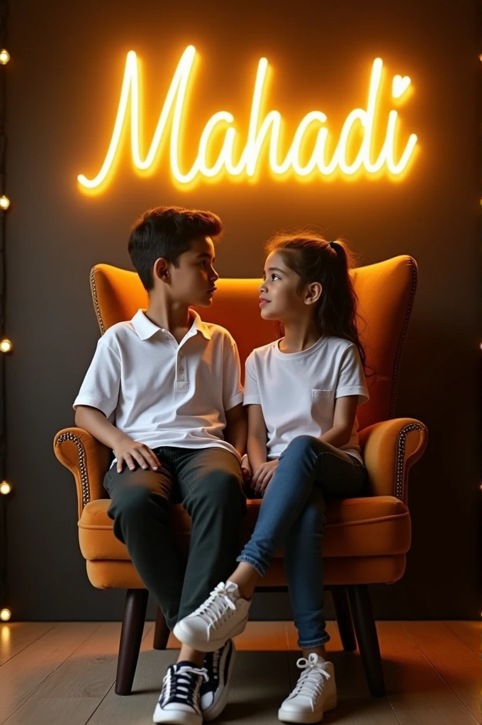 Create a 3D illusion for a profile picture where a 2 cute boy and girl in a white shirt sitting casually on a Wingback chair.Wearing sneakers, he looks ahead. The background features Mahadi+sumaiya big and capital Golden neon light fonts on the dark