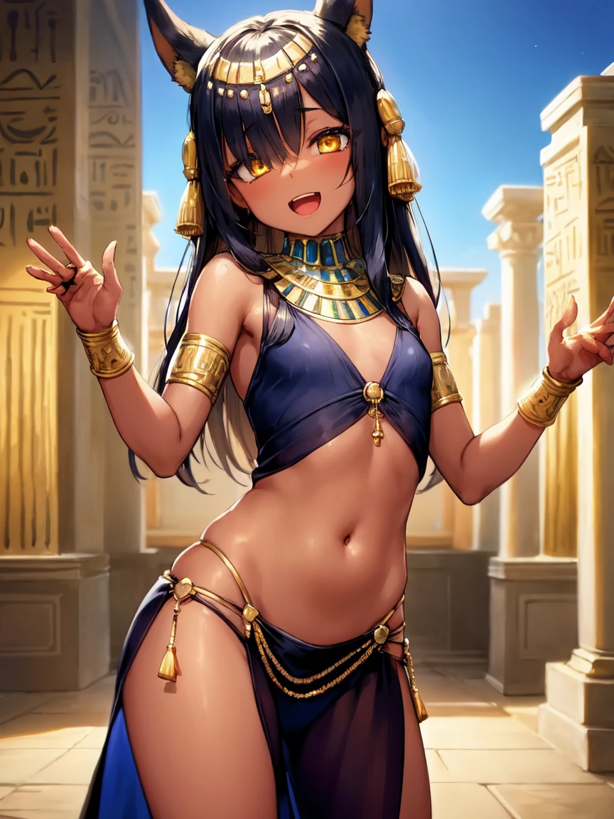 (SLE, mksks style, detailed background:1.1), (solo:1.3), girl, dark skin, ornate egyptian dress, long hair, black hair, beautiful hair, hair over eye, yellow_eyes, happy, portait, head tilt, volumetric lighting, (outdoor:1.3), egyptian house, colorful, flat chest, female anubis, egyptian clothes, egyptian mythology, see-through, , lewd outfit, young, (young girl), child, (very young girl), small girl, skimpy outfit, midriff, nsfw, lewd, slutty facial expression, (dancing), open mouth, (dark skin),