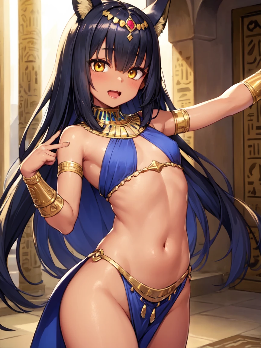 (SLE, mksks style, detailed background:1.1), (solo:1.3), girl, dark skin, ornate egyptian dress, long hair, black hair, beautiful hair, hair over eye, yellow_eyes, happy, portait, head tilt, volumetric lighting, (outdoor:1.3), egyptian house, colorful, flat chest, female anubis, egyptian clothes, egyptian mythology, see-through, , lewd outfit, young, (young girl), child, (very young girl), small girl, skimpy outfit, midriff, nsfw, lewd, slutty facial expression, (dancing), open mouth, (dark skin),
