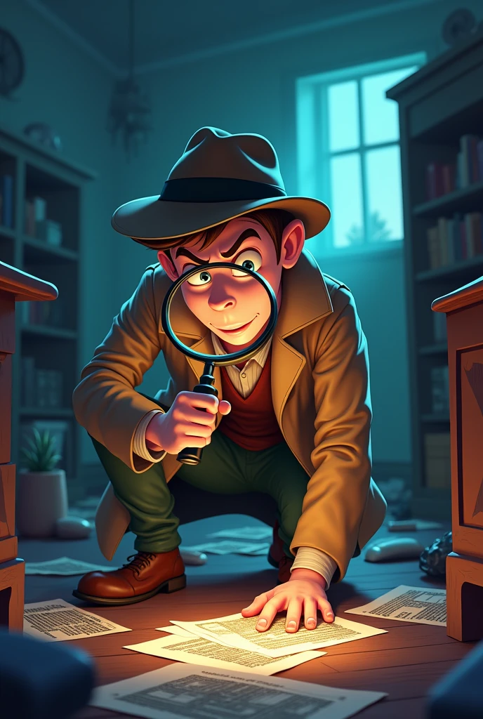 Picture of a clever and hidden detective human young man of 28 years of age cartoon at a crime scene where the room is become a mess and everything is fallen around and he is using his magnifying glass to search for clues and suddenly he see something mysterious in the magnifying glass 
