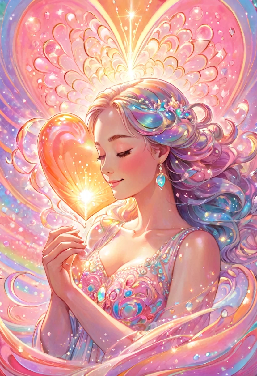 In the center depicts a woman holding a large salmon pink heart in her chest. She is smiling with her eyes closed and holding a heart. tear crystals. The brilliance of pearls. A rainbow of pastel colors will envelop your heart. This heart emits light and creates a light effect around it. ripples of light. The radiance spreads, and the background is a gradation of pale pink and pale orange, creating the feeling of soft light spreading. Try to express kindness and reassurance throughout. Add shine with light radiation and fine particles. We created a bright and warm design that will warm the hearts of those who see it. Add elegance with a spiritual touch