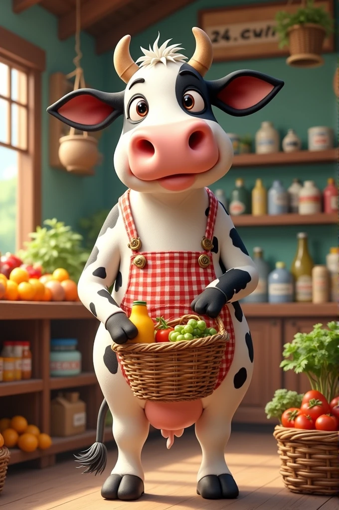 A cow buying groceries