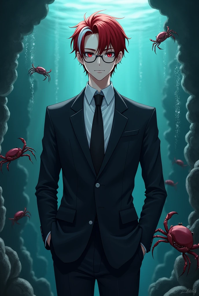 ((masterpiece,best quality)), 1boy, argenti, red eyes, short red hair, looking at viewer, office suit and tie, salaryman, undersea, crabs, white streak in hair, solo, glasses, aristocratic, victorian, gothic aesthetic, deep sea, fangs, karkinos, vampire, ikemen, handsome, yandere, full body view, simple background,