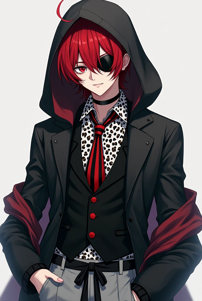 Red haired anime boy, high, a black patch on one eye, black winter hood,black vest, long sleeve leopard print top with a white shirt underneath, on top a red and black striped tie and grey trousers with a black ribbon