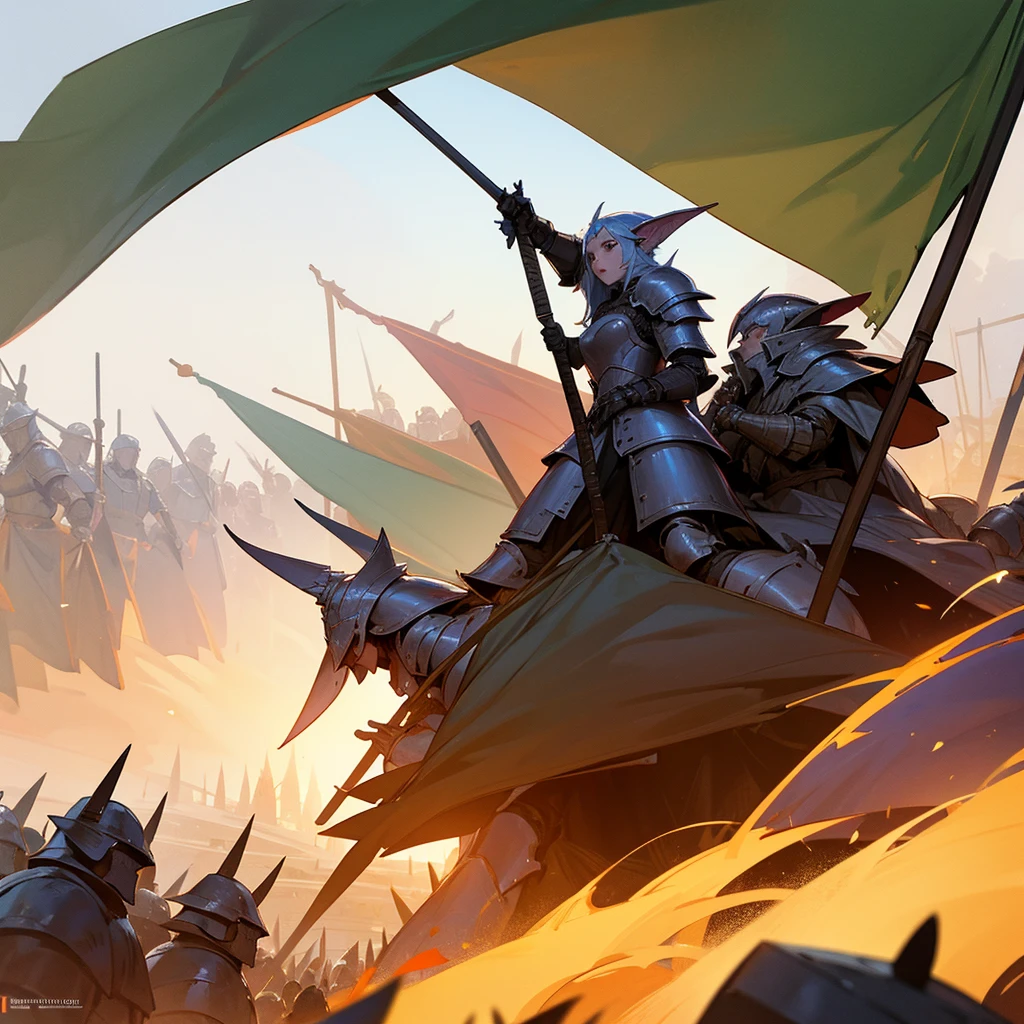 The heavily armored Elven army marches in tight formation with raised banners across the burning fields.