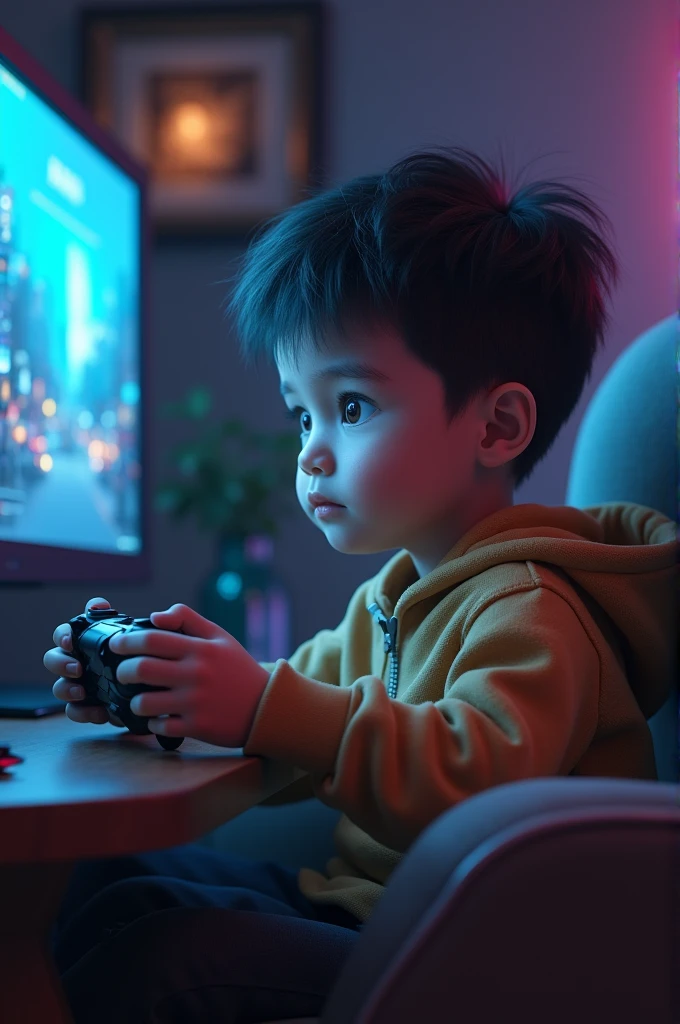 A 1 boy named Sujon is sitting in a chair while playing the game Free Fire.
