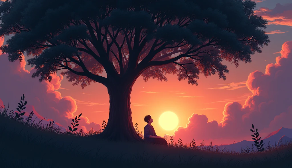 Hiro, with a serene expression, sits under the oak tree at dusk, surrounded by a soft, glowing light. The sky is a gradient of colors as the sun sets, symbolizing his enlightenment.
Illustrate a young man sitting under a large oak tree at dusk, with a serene expression. The setting sun casts a warm glow, and the sky is a gradient of orange and purple. The background includes the oak tree’s silhouette and soft, glowing light.
