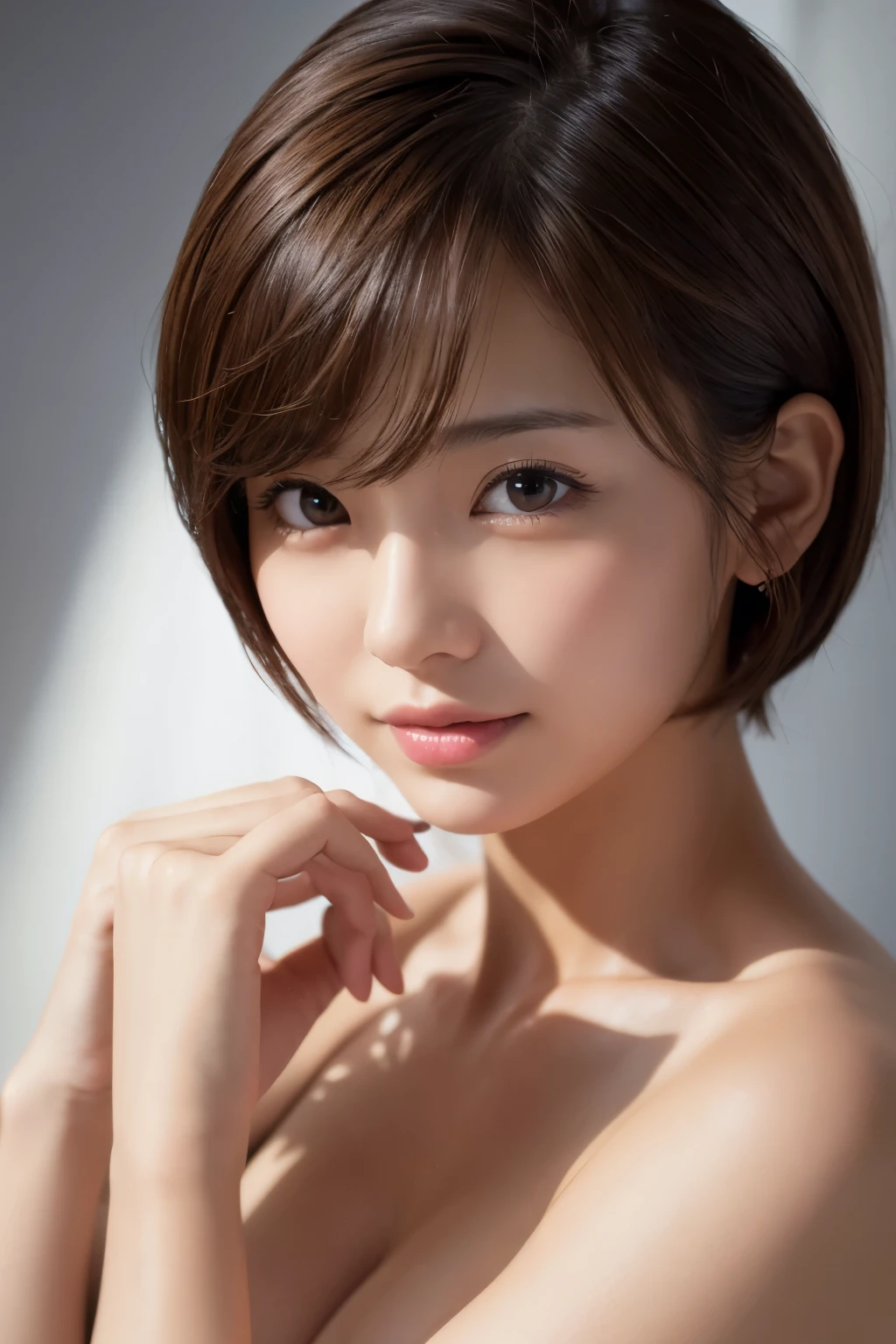 masterpiece、Highest quality、High resolution、Tabletop、wallpaper、Realistic、Bright lighting、Professional Lighting、Face Light、Smooth lighting、Japanese women、Adult、Beautiful woman、action、gravure、sexy、poor、so beautiful、Beautiful Skin、Beautiful and detailed、Detailed face、slim、Moderate、short hair、Bob、Brunette Hair、Brown eyes、Looking at the camera、naked、
