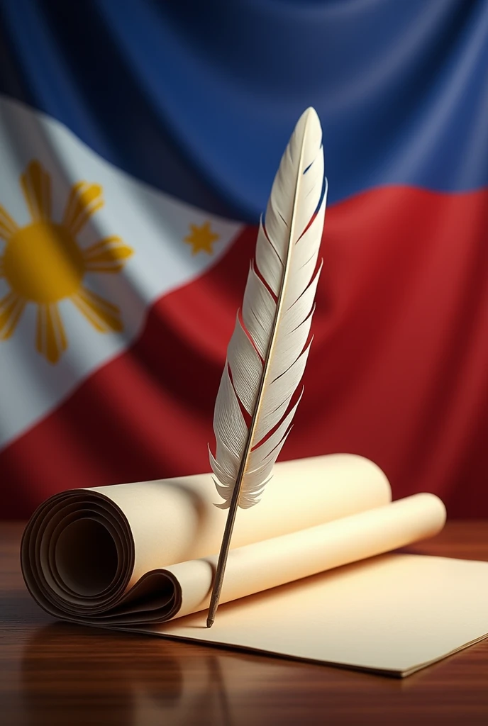  a feather ink and a scroll and a Philippine Flag in the background symbolizing Month of National Language