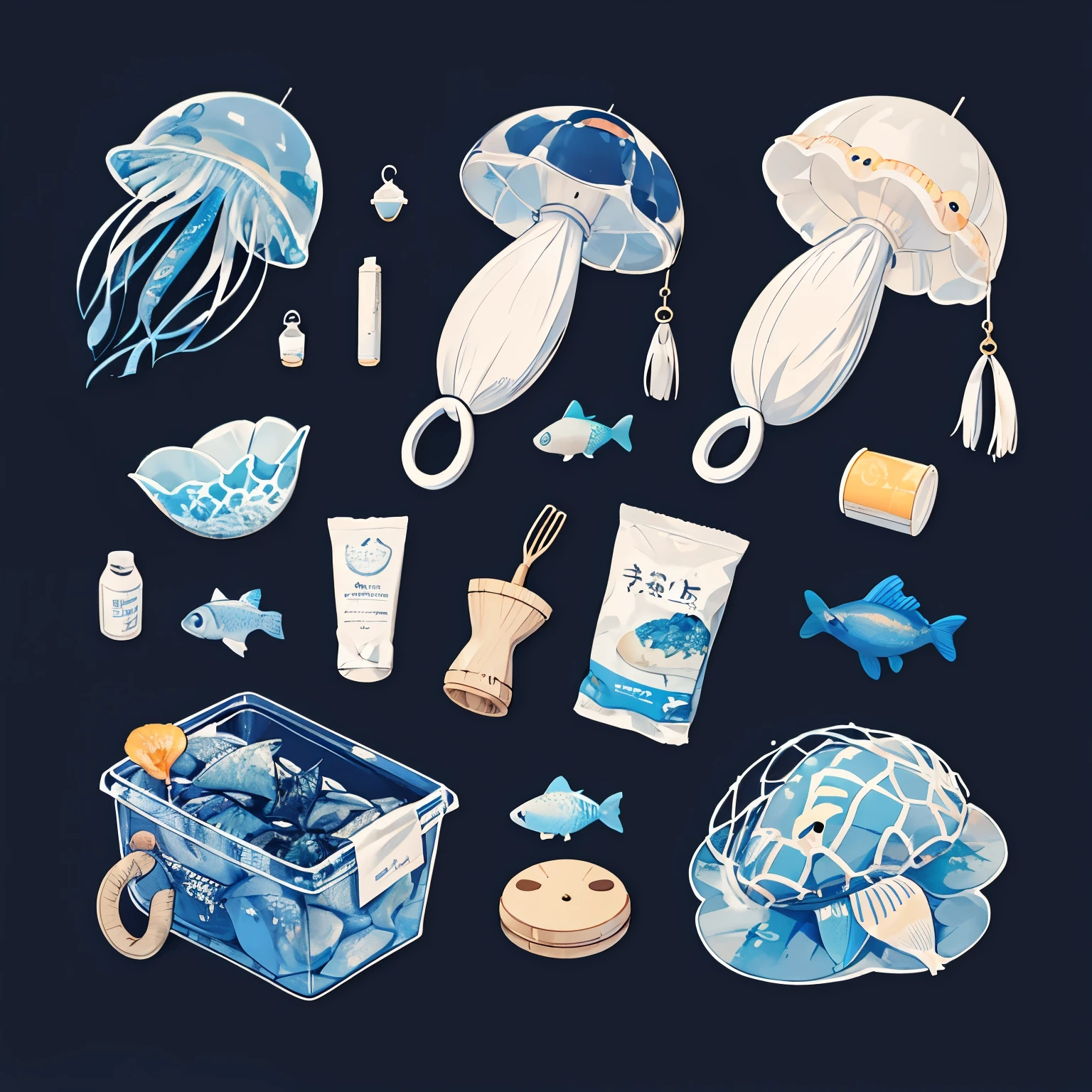 Various types of marine-style items(For example, anchoshhook,Fishing Net,conch,Jellyfish,buoy),Full view,Clear background