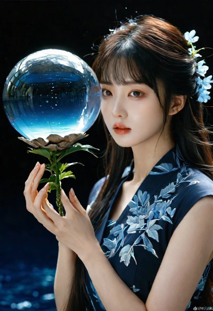 (1 character), genius extremely beautiful idol lady Keiko, (long blue and black hair), brown eyes, beautiful face), 1 genius extremely beautiful idol girl Keiko, long sideburns, plants, long blue dress, 3d, dark ocean, water, blue Ball, sea shells, windy, intricate details High Quality, 8k, Realistic, Ultra-Detailed, Dramatic Lighting, Soft Focus, Digital Illustration, Intense Expression, Strong Gaze, Intense Emotion, Complex Mechanics, Advanced Technology, Dark Background, Cinematic, High Contrast, Moody, Strict, Atmosphere, (Best Quality, 4k, 8k, High Definition, Masterpiece: 1. 2 ), ultra-detailed, (realistic, graphic, photorealistic:1.37) --no glass