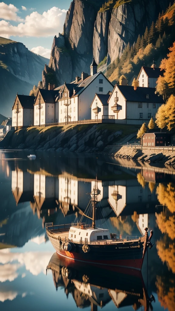 from movie still, (wide dynamic range), fine art, masterpiece, super detail, high quality, award winning, 8k, port of bergen, in Norway, (traditional nordic buildings, from outside), ship at anchor, cinematic light, on a sunny day, in summer, in the afternoon