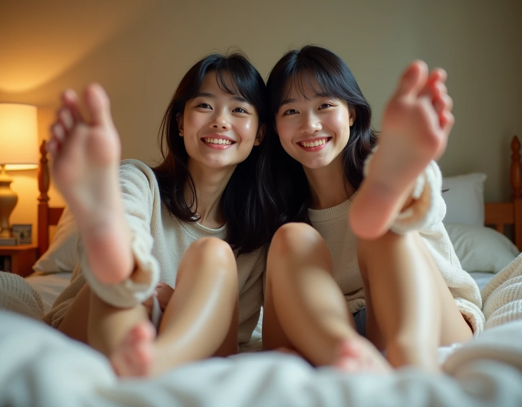 Identical twin sisters、Japanese、young woman'foot、My Room、Stretch your legs、Selfie