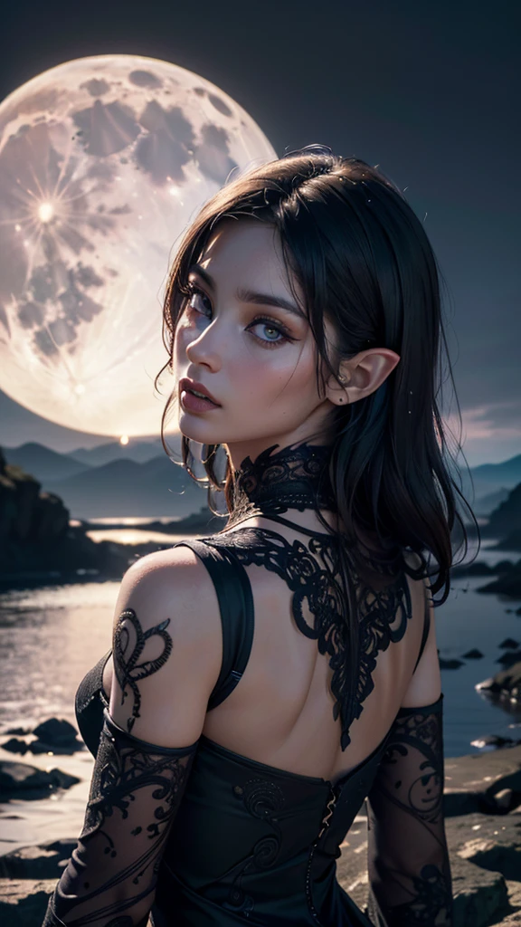(4K,8K, ultra HD, very detailed,intricate detail , masterpiece,high resolution, perfect anatomy:1.4), 1 girl, white face, detailed eyes, detailed lips, medium beasts, (detailed purple and black intricate patterned dress:1.5, seductive woman ),ancient magic dress, fantasy, darkness, moon background, wet ground, scary scenery, risbeauty,Elf