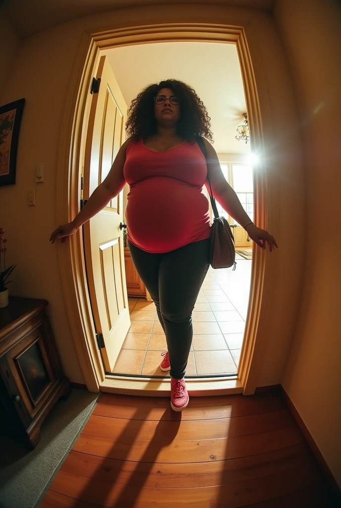 Your POV view of your pregnant plus size stepmother Cardi B welcoming you home from school and opening the door for you to come in.. fisheye camera view, iphone camera style. HD, realface, cinematic, extreme long shot