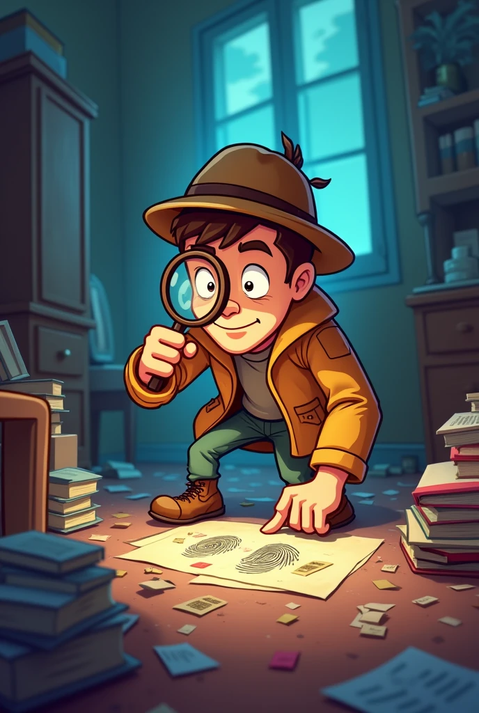Picture of a clever and hidden detective human young man of 28 years of age cartoon at a crime scene where the room is become a mess and everything is fallen around and he is using his magnifying glass to search for clues and suddenly he see something mysterious in the magnifying glass that is finger prints of criminal 
