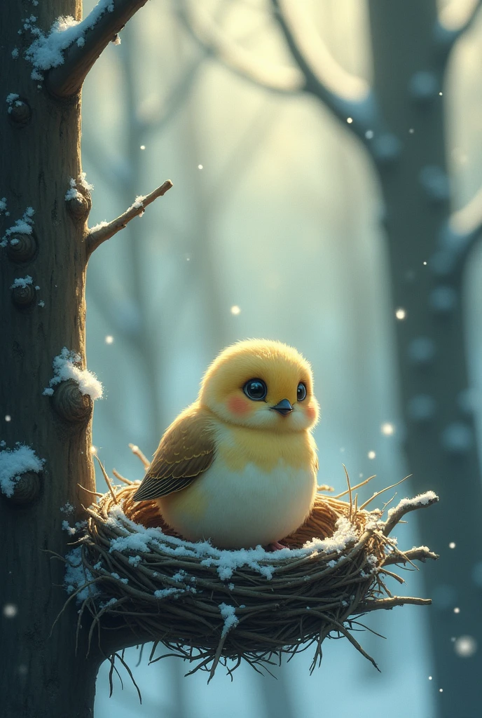small, delicate bird named Chirpy is sitting in her empty nest on a cold winter day. The forest trees are bare, and there is a light dusting of snow on the ground. Chirpy looks sad and hungry, with her feathers ruffled against the cold."