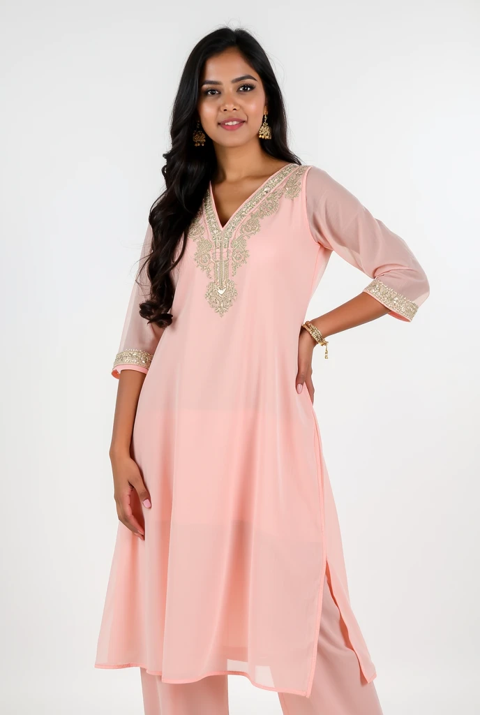 image shows a young woman wearing a pink kurta with intricate embroidery on the neckline and sleeves. The dress is made of a lightweight fabric and has a flared skirt that falls below her knees. The woman has long dark hair and is wearing a pair of gold earrings and a bracelet on her left wrist. She is posing with one hand on her hip and the other resting on her thigh. The background is plain white. She has a confident expression on her face and is looking directly at the camera.